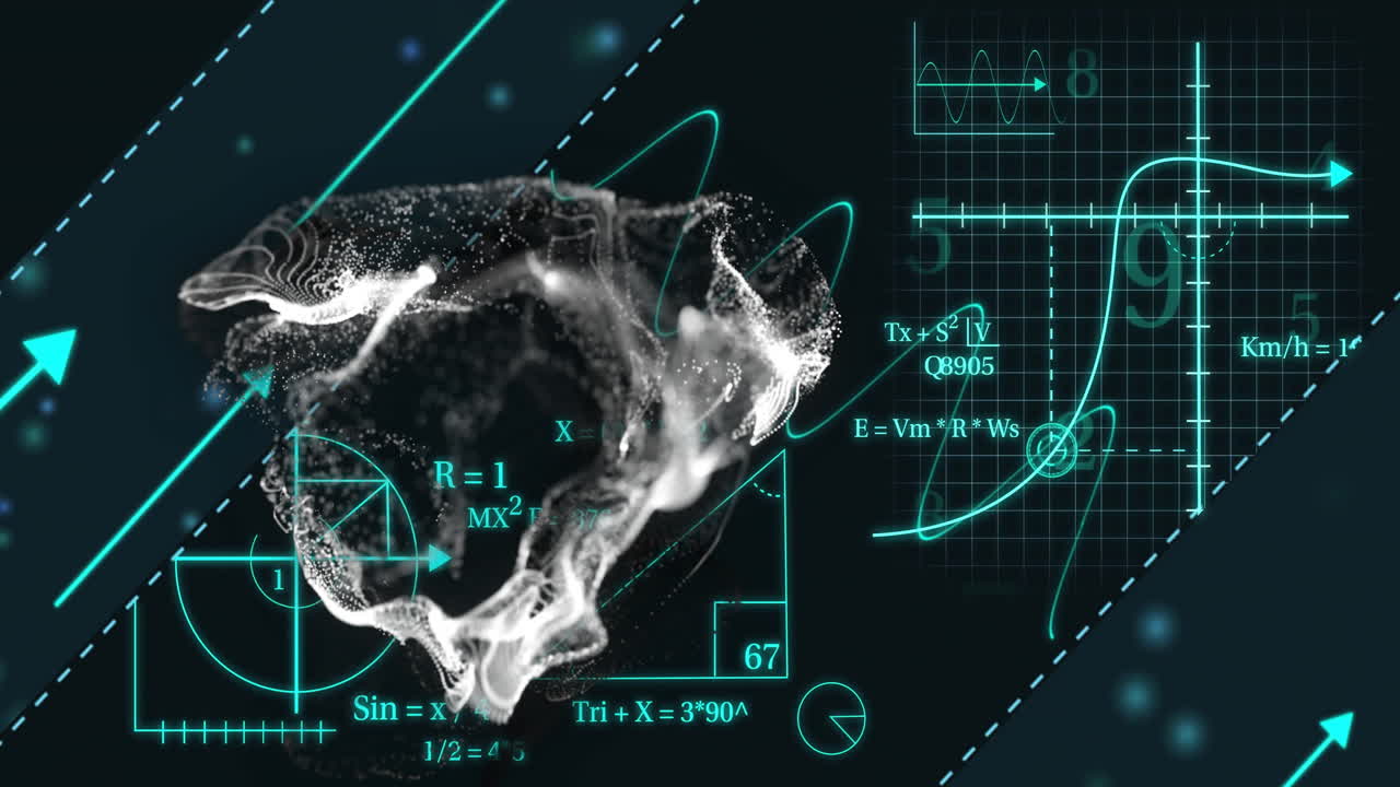 Mathematical formulas and graphs over 3D skull model, scientific analysis concept