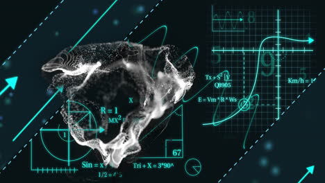 mathematical formulas and graphs over 3d skull model, scientific analysis concept