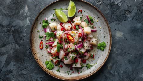 ceviche peruano con lima, cebolla roja y chile