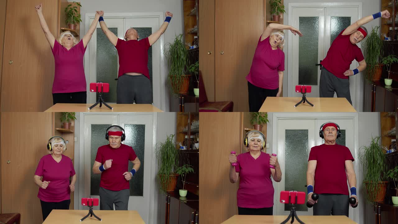 노인 남녀가 피트니스 운동을 시작합니다. 라이브 스트리밍, 블로그, 블로그, 온라인 원격 코스