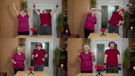 Elderly-man-woman-doing-fitness-exercises-starting-live-stream,-vlog,-blog,-online-distance-course