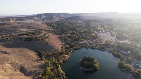 Aerial View of Neot Semadar, a Kibbutz in Israel, Large Lake and Floating Island