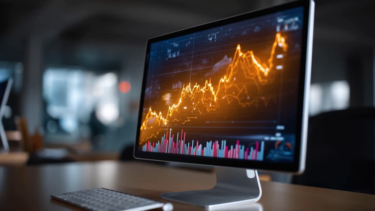 Visualizzazione delle Tendenze di Mercato: Un primo piano su dati finanziari, che evidenzia crescita e fluttuazioni in tempo reale su un elegante schermo di computer in uno spazio di lavoro moderno.