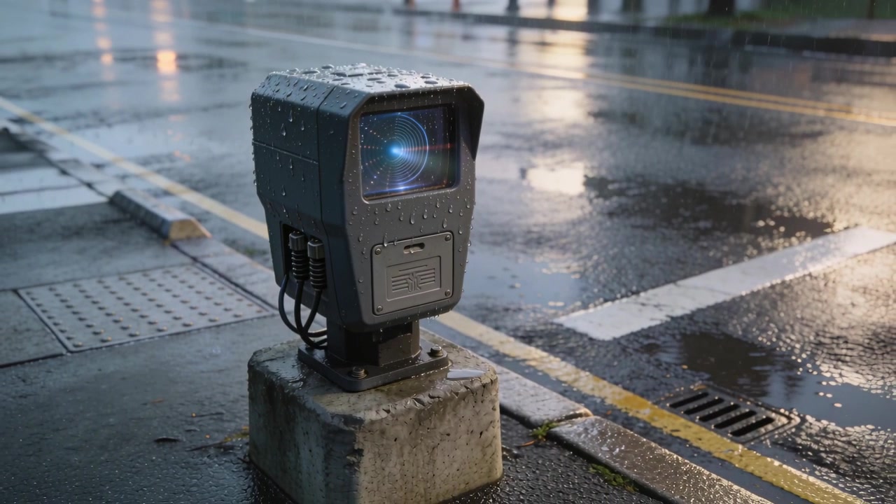 Telecamera sensore resistente alle intemperie che pulsa, emettendo un bagliore blu su una base di cemento vicino al marciapiede, dopo la pioggia