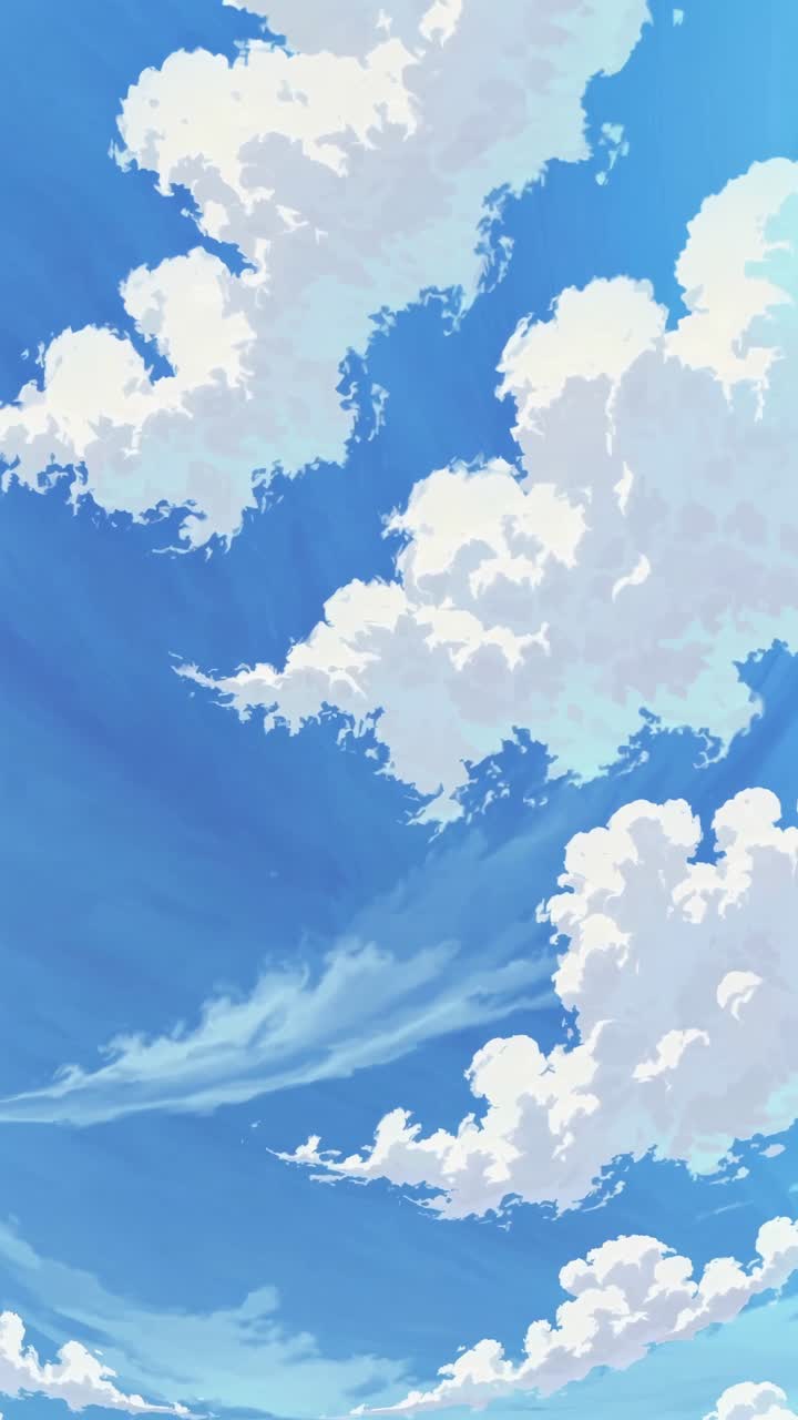 A video-style illustration of fluffy clouds against a bright blue sky, captured from a low-angle