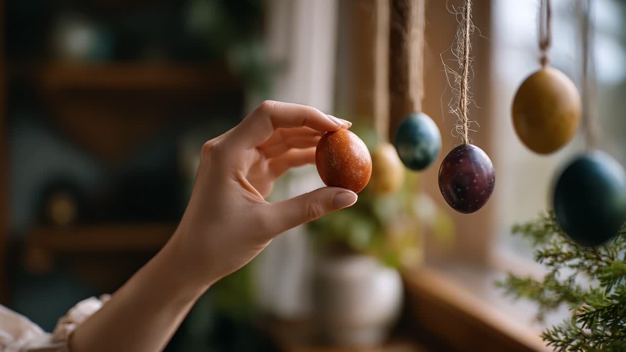 Mão Delicada Segurando um Ovo de Páscoa Lindamente Decorado Entre Ovos Coloridos Pendurados em um Ambiente Interno Aconchegante, Significando a Primavera e a Celebração das Tradições da Páscoa