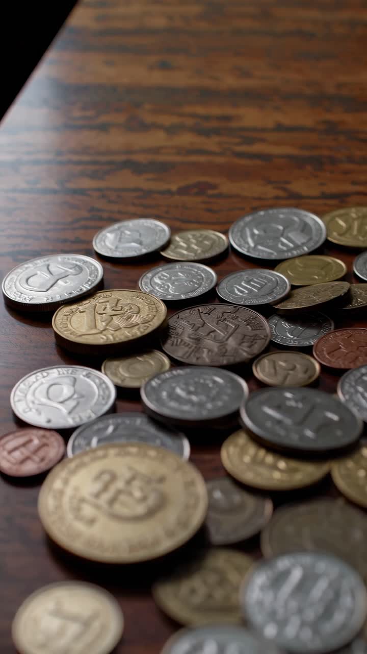 Close-up video of assorted coins scattered on a wooden surface, captured from a low angle