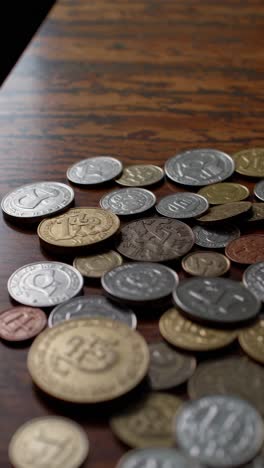 close-up video of assorted coins scattered on a wooden surface, captured from a low angle