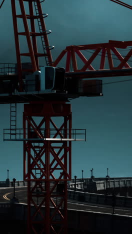 close-up view of a large red tower crane against a teal sky