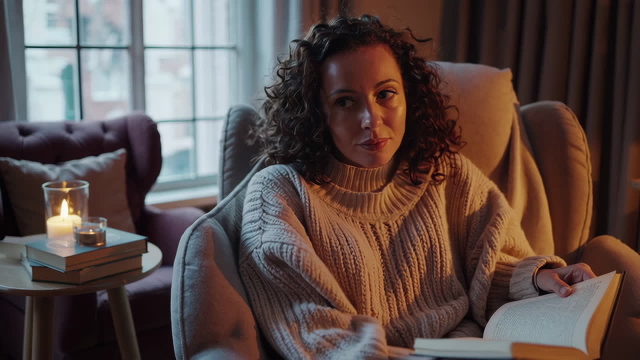 Woman Reading a Book by Candlelight in a Cozy Armchair