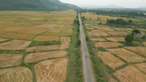 scooters drive through farmland in lang co vietnam high angle tracking