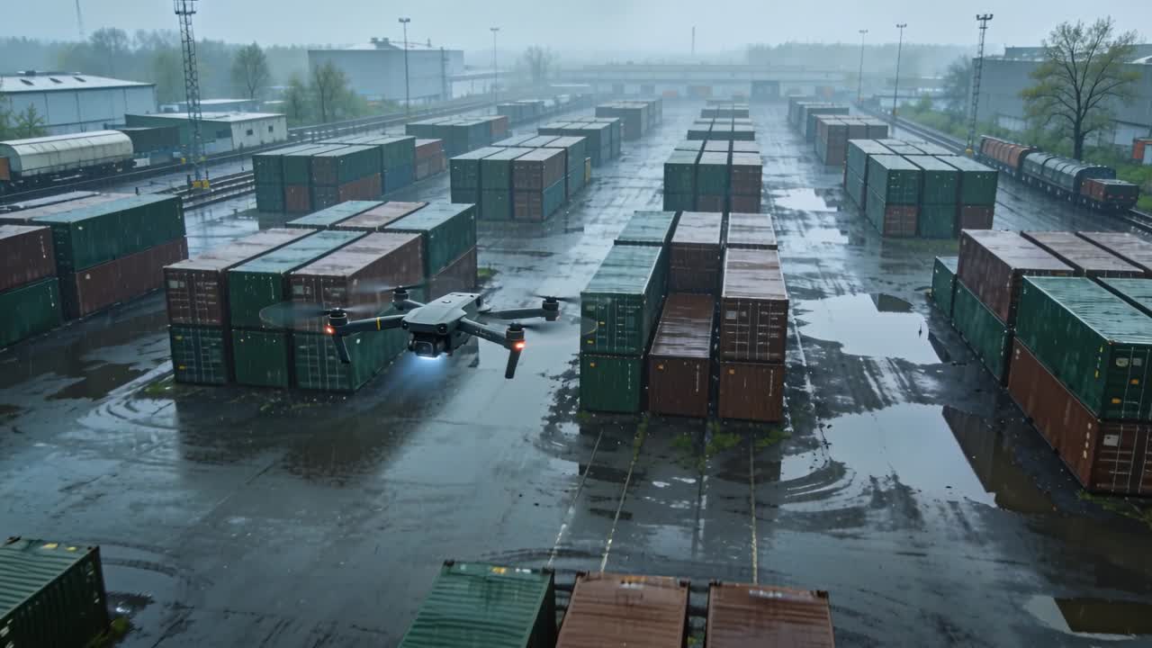 En lille flyvende quadcopter-drone kommer ind fra venstre og inspicerer en våd containerplads med rødt navigationslys.
