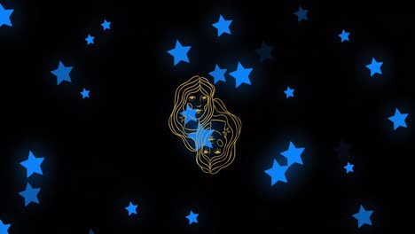 composición del símbolo del signo de la estrella gemini sobre estrellas azules sobre fondo negro