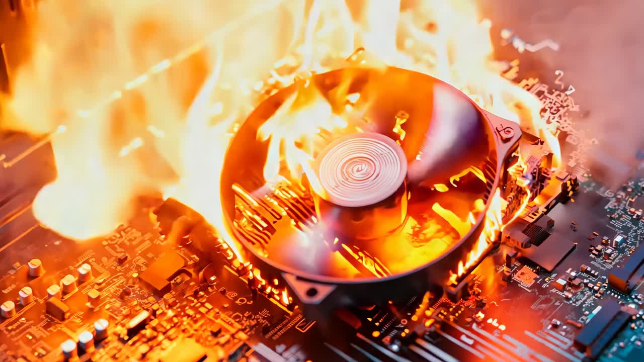 컴퓨터 마더보드가 불타고 팬이 위에 있습니다.