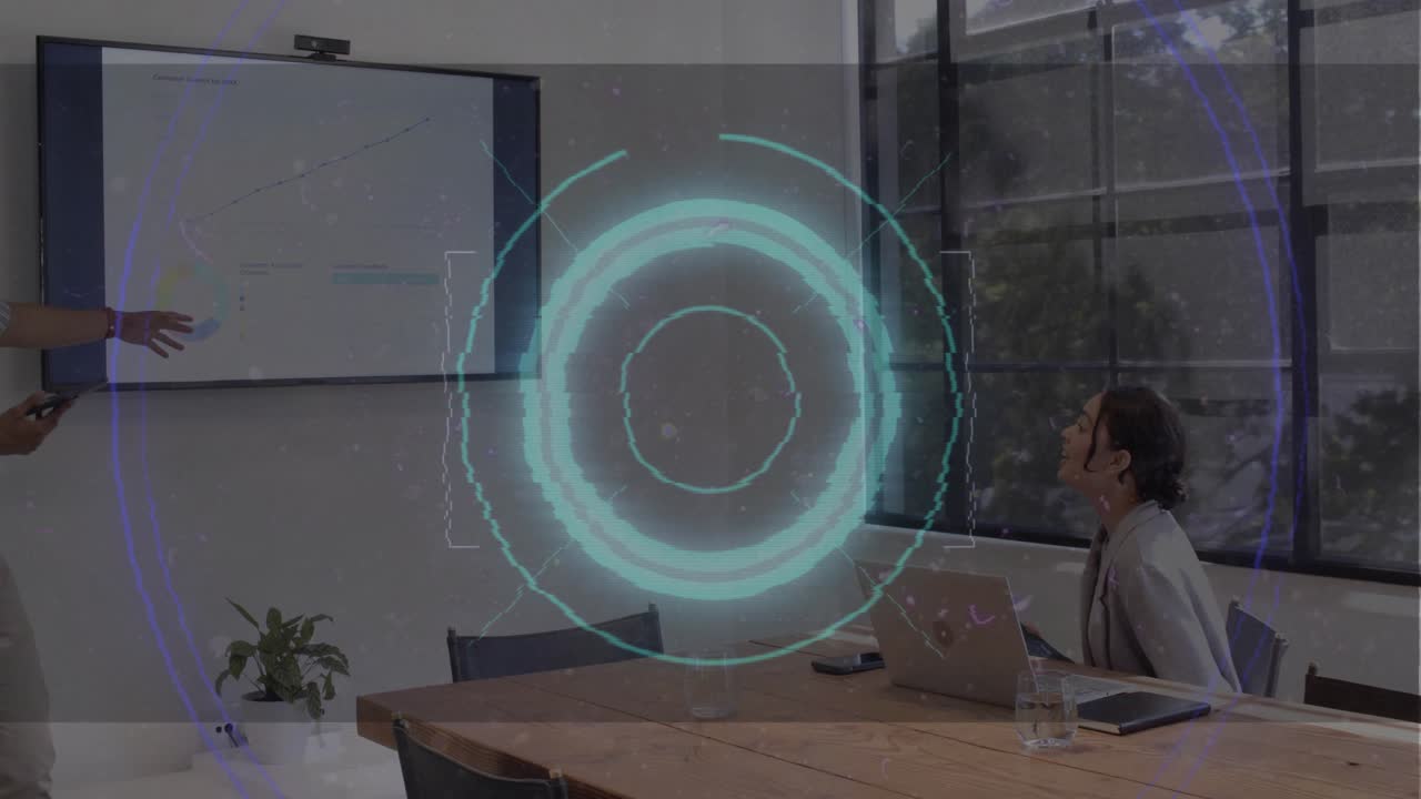 presenter rising, walking to screen, pointing at charts explaining business data with HUD pulsing