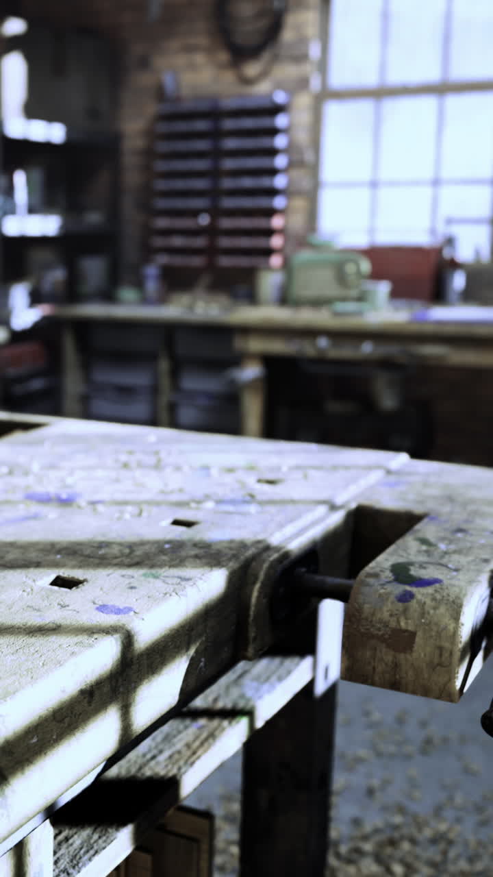Wooden workbench in a workshop with tools and equipment scattered around