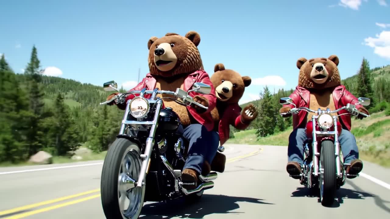 A thrilling adventure on two wheels: Bears ride motorcycles, showcasing camaraderie and a taste for freedom on an open road amidst scenic landscapes