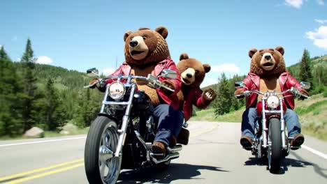 a thrilling adventure on two wheels: bears ride motorcycles, showcasing camaraderie and a taste for freedom on an open road amidst scenic landscapes