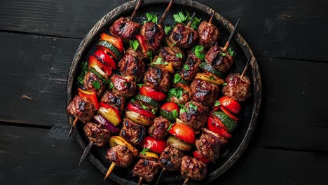 deliciosos pinzones de kebab a la parrilla en un plato de madera negra