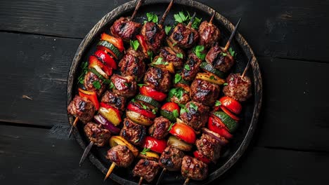 delicious grilled kebab skewers on black wooden plate