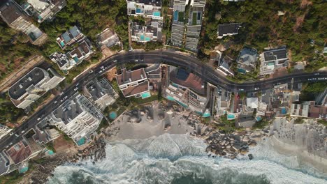 Overhead-View-Of-Clifton-1st-Beach,-Sandy-Beach-In-A-Rocky-Cove-In-Cape-Town,-South-Africa