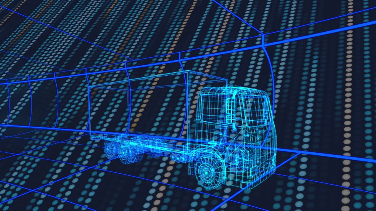 animación del proyecto de camión sobre fondo marino con luces amarillas y verdes