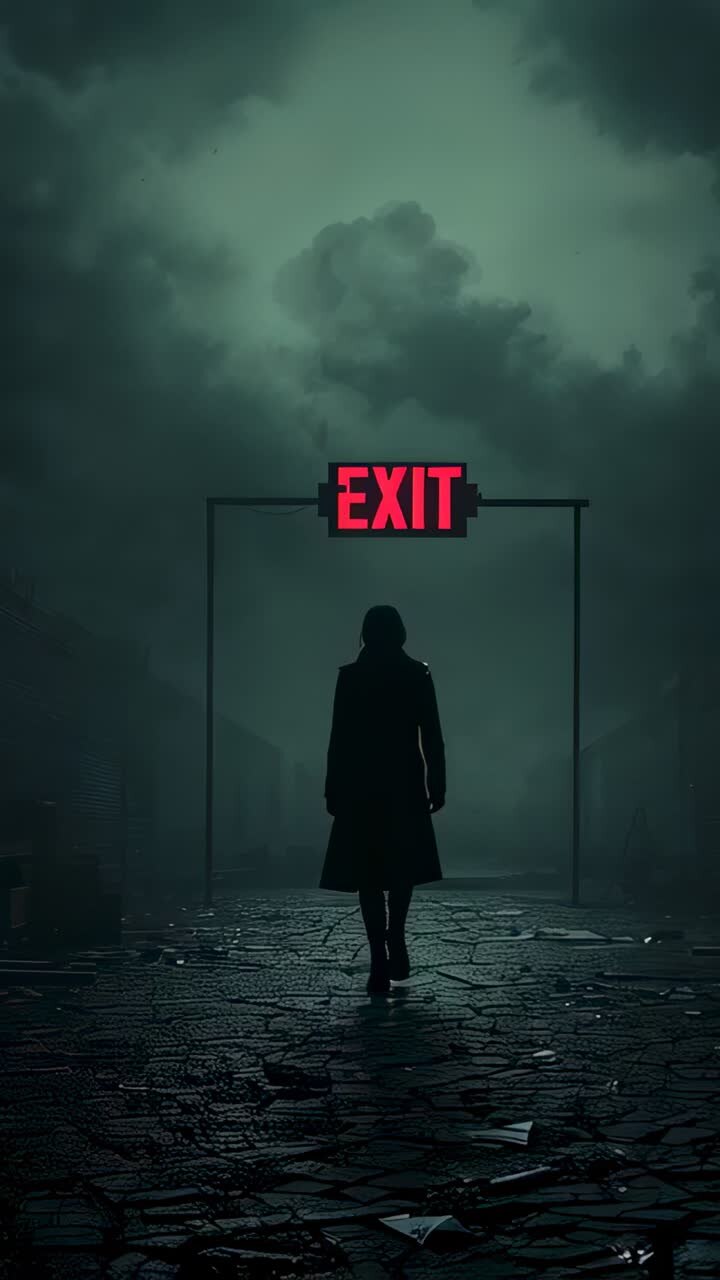 Vertical video: Walking figure in long coat moving toward EXIT sign on cracked ground, seeking exit