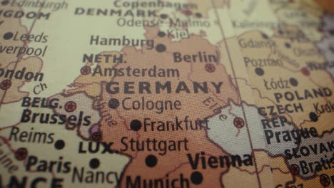 close-up view of a world map focusing on germany and surrounding countries