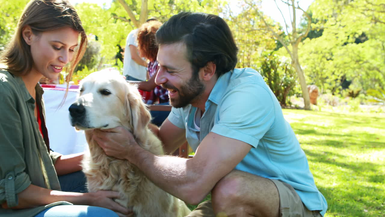 una pareja acaricia a un perro en el parque.