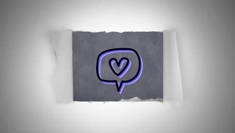 Animation-of-an-icon-of--speech-bubble-with-heart-on-grey-sheet-of-paper-on-white-background