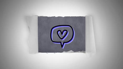 animación de un icono de burbuja de habla con corazón en una hoja de papel gris sobre fondo blanco