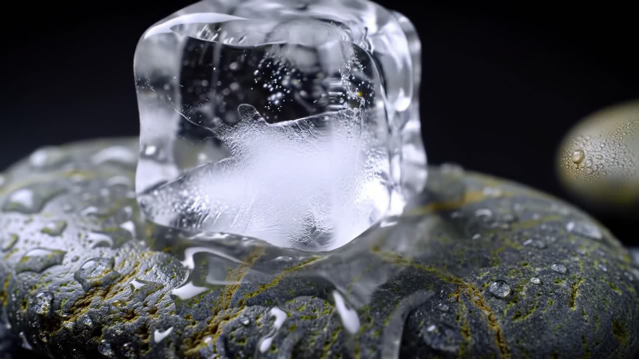 A Close-Up of a Melting Ice Cube on a Wet Stone Surface, Capturing the Intricacies of Water Droplets and Reflections in Stunning Detail