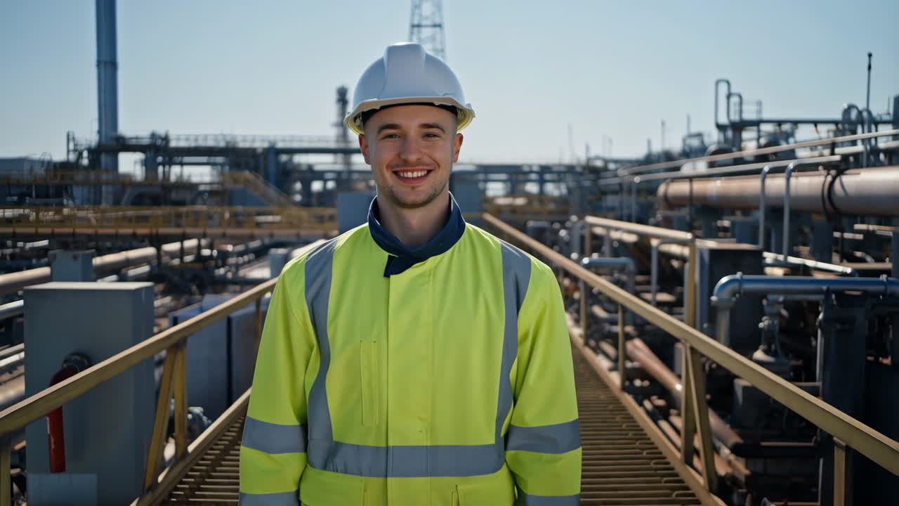 Ingegnere sorridente con cappello e giubbotto di sicurezza in un impianto industriale