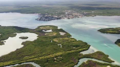 Imágenes-De-Drones-De-Un-Barco-Navegando-En-El-Claro-Mar-Caribe-Con-Playa-De-Arena-Tropical,-Bosques-De-Manglares-Y-Con-Agua-Turquesa---Zafiro,-Laguna-De-Río-Lagartos,-México