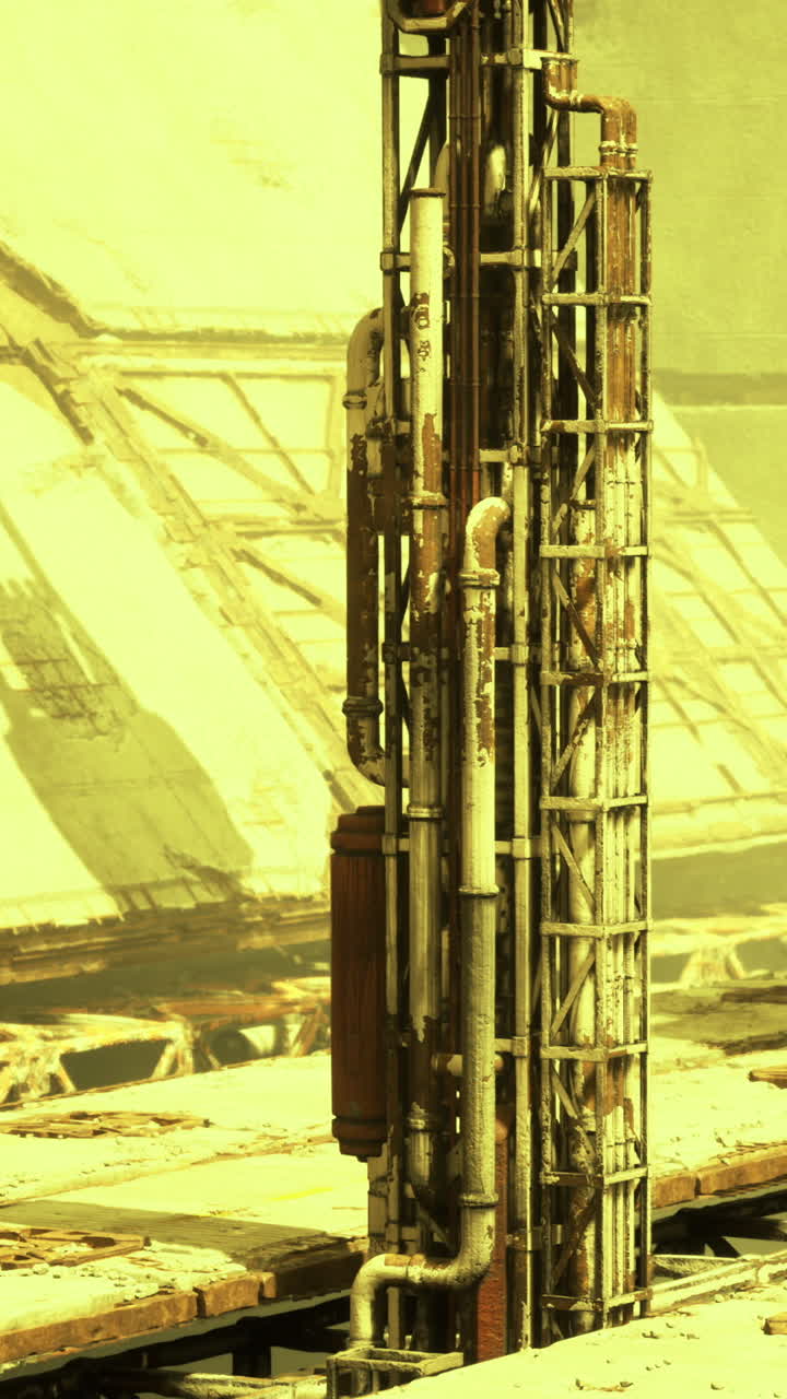 Desolate yellow toned industrial scene with rusted structures