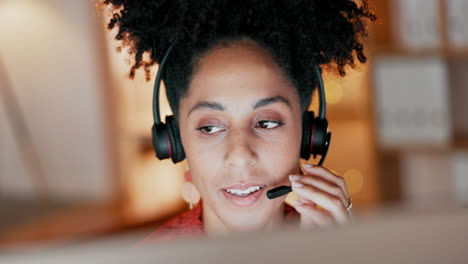 Call-center,-black-woman-and-talking-on-computer