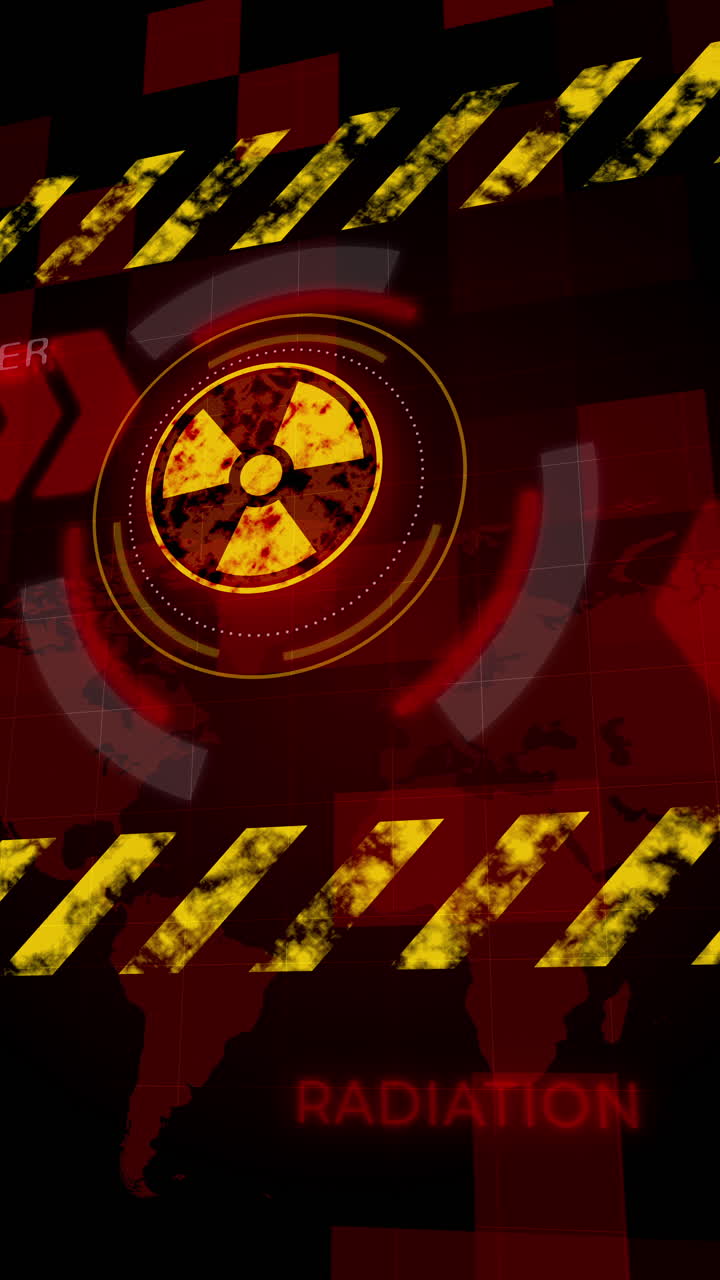 Warning background with glowing nuclear symbol. Red screen message of radioactive danger. Flashing animated elements with world map. Loop. Vertical video.