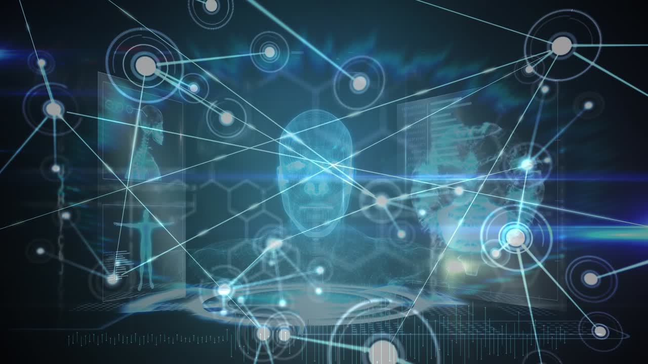 Animation of network of connections over data processing on black background