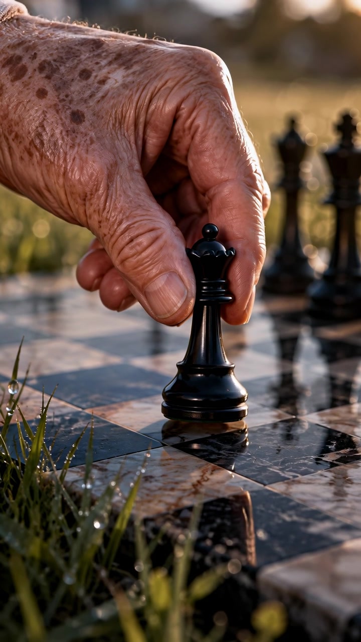 Close view of hand moving dark chess piece on patterned board surface, with blurred background, outdoor lighting, reflective squares, and focused composition capturing calm strategic activity.