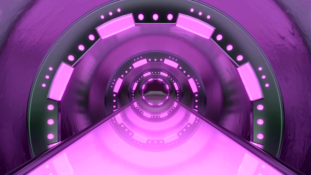 Panoramic view to the spaceship landscape scene. 3d abstract background of Sci-fi corridor. Futuristic technology abstract seamless VJ for tech titles and background.