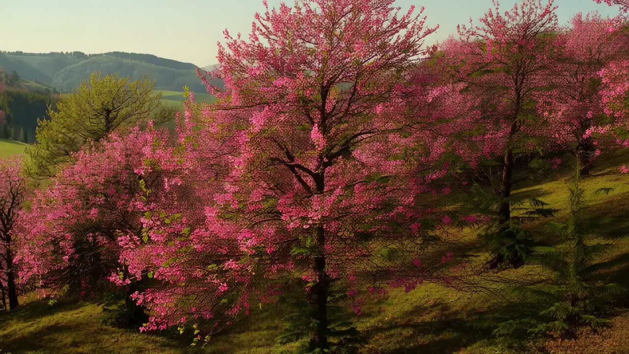 Caméra panoramique révélant des arbres aux fleurs roses sur une colline herbeuse, montrant une vue plus large du bosquet