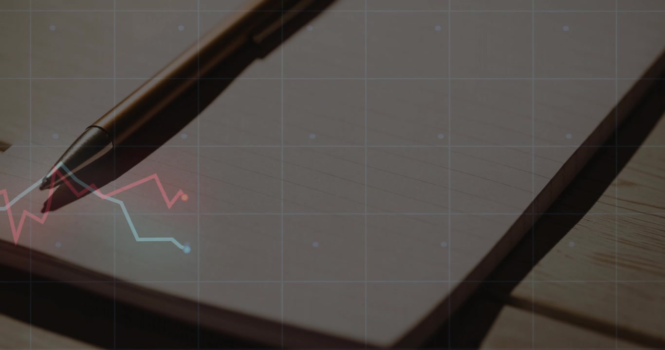 Metallic pen on notepad starting blue red lines animating fluctuations showing data stabilization