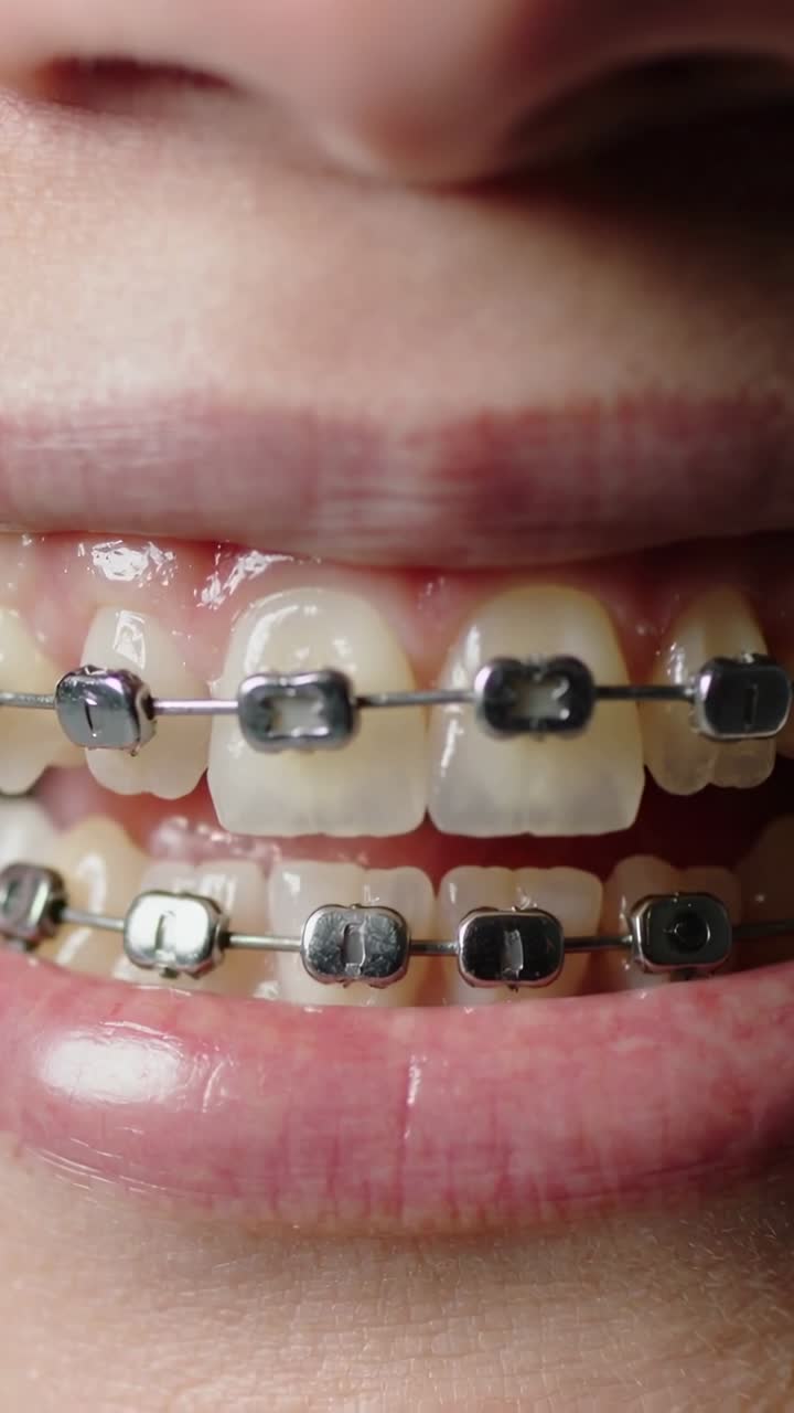 Vertical video: Zooming in, mouth parting and closing subtly in close-up, showing metal brackets