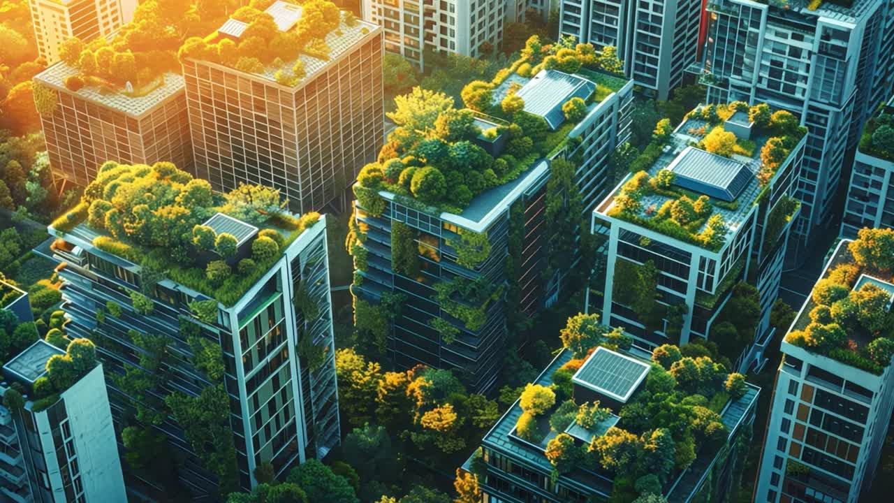 Sustainable Urban Landscape with Green Buildings at Sunset