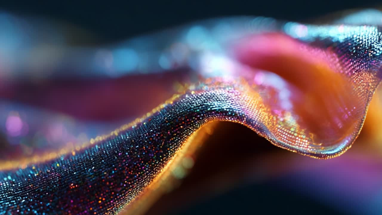 A Stunning Display of Iridescent Fabric Flowing Gracefully, Capturing Light and Colors in a Magical Dance, Highlighting the Beauty and Depth of Textured Material in a Captivating Visual Experience