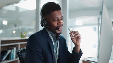 Computer,-call-center-and-black-man-talking