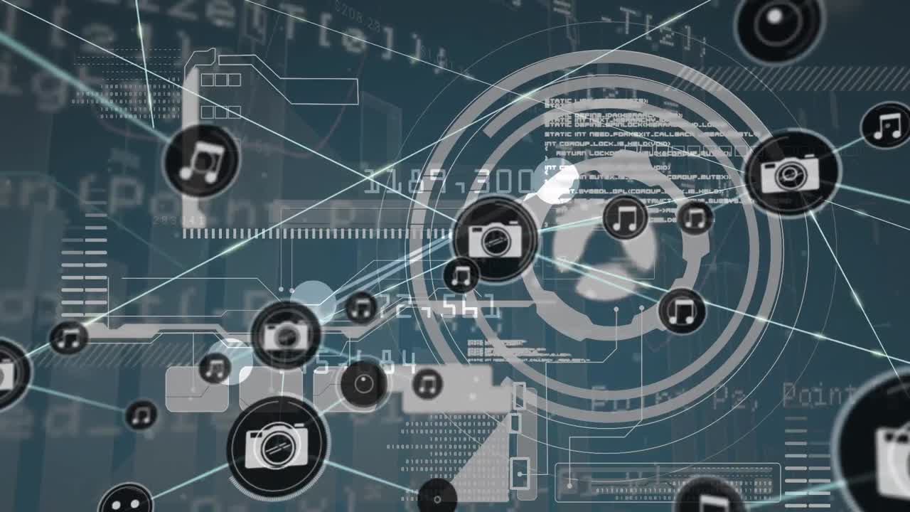 파란색 배경에 아이콘과 데이터 처리를 가진 연결 네트워크의 애니메이션