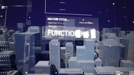 animation of financial data processing over cityscape