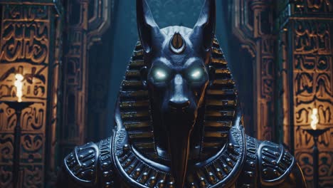estatua de anubis en un templo oscuro