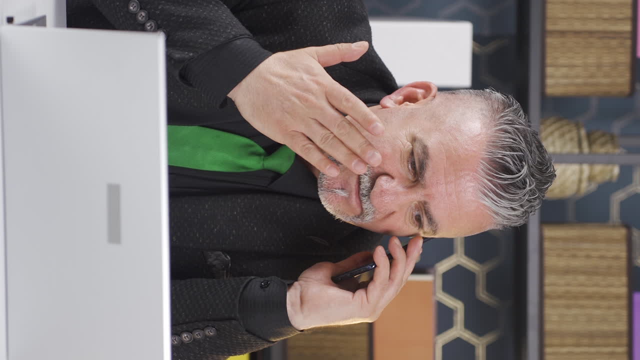 video vertical de un hombre de negocios haciendo una llamada enojada y agresiva por teléfono.